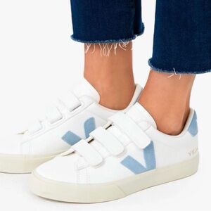 Veja White Sneakers with Light Blue V Detail